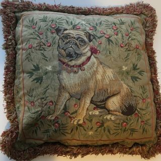 Vintage Borgata Christmas Pug Dog Tapestry Pillow With Fringe,  18 " X 18 "