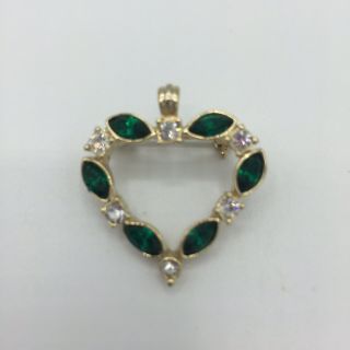 Vtg Heart Shaped Gold Tone Pendant Brooch Pin Clear Emerald Green Rhinestones 1 "