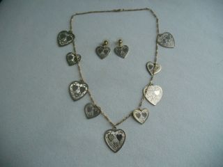 Vintage Gold Tone Heart Charm Necklace & Earrings Set