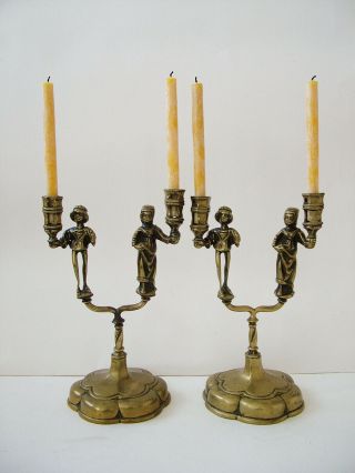 Gothic Medieval Style Antique,  Double,  Figural,  Brass Candlesticks.  23.  5 Cm.