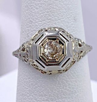 18k White Gold Victorian Filigree Old Mine Cut.  18ct Diamond Solitaire Ring