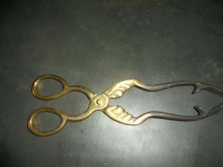 Vintage Brass Coal Tongs Serrated Claws Fireside Tool Hearth Good Sturdy Pair