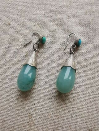 Vintage Sterling Silver Earrings With Green Aventurine Stone And Turquoise