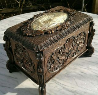 Antique Black Forest Jewellery Box Casket Silk Needlepoint Glazed Top 11 " Across