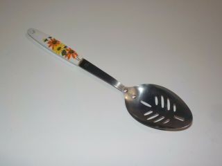 Vintage Ekco Long Handle Slotted Spoon Stainless Plastic Flower Pattern Handle