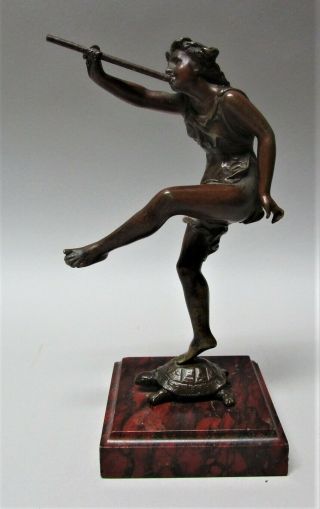 Fine Antique French Miniature Bronze Sculpture Of Musician On A Turtle C.  1900