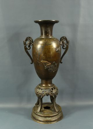 Antique Meiji Japanese Bronze Vase W/ Mixed Metals Inlay Birds Dragons Large 21 "