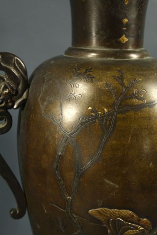 Antique Meiji Japanese Bronze Vase w/ Mixed Metals Inlay Birds Dragons Large 21 