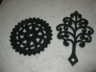 Two Antique Black Cast Iron Trivets Hot Pad Pot Holder One Is Family Tree