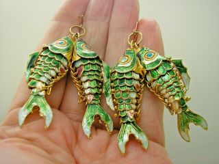 Vintage Chinese Big Enamel Articulated Fish Earrings 9ct Gold Wires Green & Gold