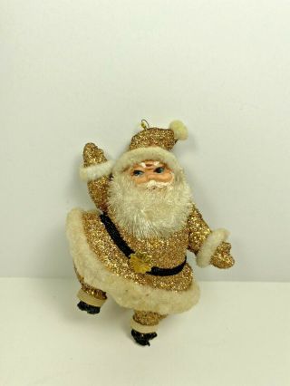 Vintage 4 " Gold Glitter Dancing Santa Ornament