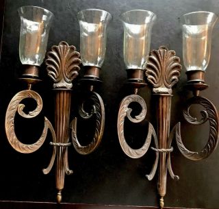 2 Antique Large Bronze Wall Sconce Candle Holder 21x10 Inch 6lbs Stunning