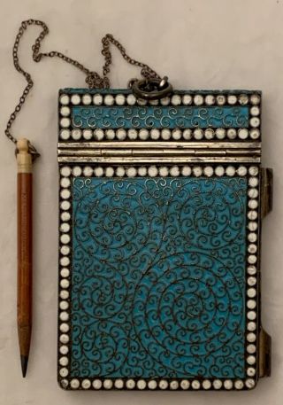 Very Elegant Antique 19th Century Russian Silver And Enamel Notebook With Pencil