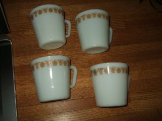4 Vintage Pyrex 1410 D - Handle Butterfly Gold Milk Glass Coffee Mug Cups Corelle