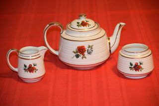 Vintage Sadler England teapot sugar and creamer set with red and white roses 2