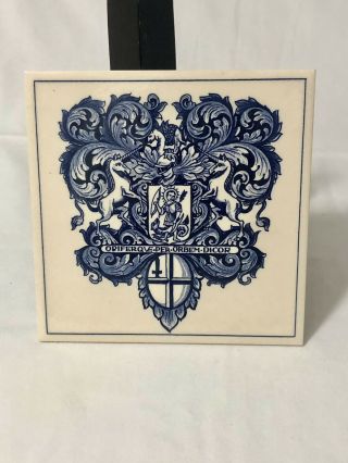 Vintage Delft Holland Handmade Porcelain Tile Apothecary Coat Of Arms Opiferqve