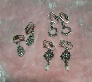 Three Pair Vintage Sterling Silver And Marcasite Clip On Earrings