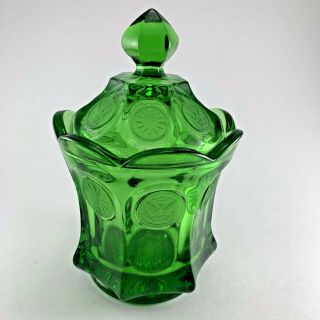 Vintage Fostoria Emerald Green Coin Glass Candy Jar With Lid