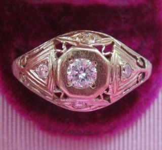 14k Antique Vintage Art Deco Old Cut Natural Diamond Engagement Filigree Ring