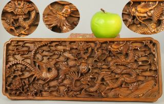 An Intricately & Deeply Carved Chinese Wood Plaque With Dragons & Phoenix Qing?