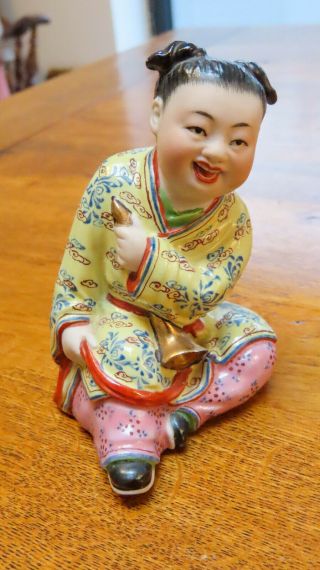 Stunning Vintage Chinese Bisque & Glazed Porcelain Figure Of Child & Instrument