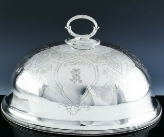 V.  Fine Quality C1860 Victorian Silver Plate Bright Cut Meat Platter Dome Cloche