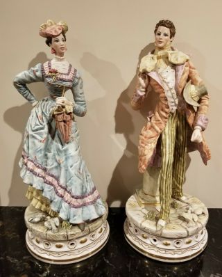 Antique Vintage Porcelain Pair Figurines Man & Woman 17 " Made In Italy