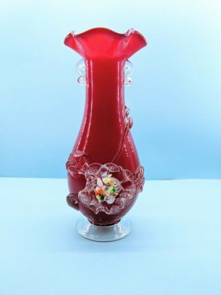 Vintage Murano Red Art (end Of Day) Floral Glass Flower Fluted Vase - Gift