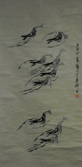 Vintage Chinese Water Ink Shrimp Wall Hanging Scroll Painting
