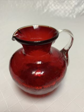 Vintage Pitcher Miniature Crackle Glass Ruby Red Hand Blown Applied Handle 3 1/4