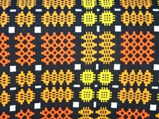 Vintage Welsh Wool Tapestry Blanket / Throw 94 " X 78 " - Black Yellow Orange