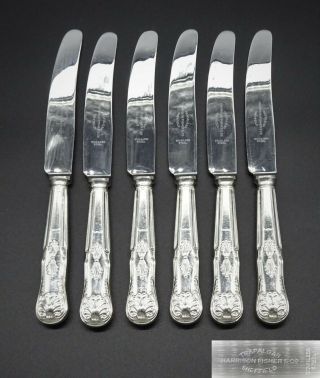 6 Vintage Harrison Fisher Silver Plated Kings Pattern Table Dinner Knives 9.  75 "