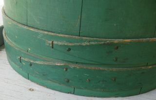 ANTIQUE LG STAVED WOODEN FIRKIN OLD GREEN PAINT W/LID & HANDLE BOTTOM OF STACK 2