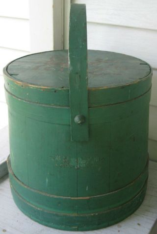 ANTIQUE LG STAVED WOODEN FIRKIN OLD GREEN PAINT W/LID & HANDLE BOTTOM OF STACK 3