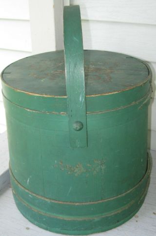 ANTIQUE LG STAVED WOODEN FIRKIN OLD GREEN PAINT W/LID & HANDLE BOTTOM OF STACK 5
