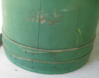 ANTIQUE LG STAVED WOODEN FIRKIN OLD GREEN PAINT W/LID & HANDLE BOTTOM OF STACK 6