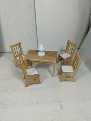 Vintage Dollhouse Miniature Light Wood White Table & 4 Chairs Furniture