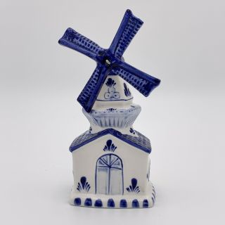 Vintage Delft Blue Hand Painted Ceramic Holland Windmill Music Box 6 3/4”