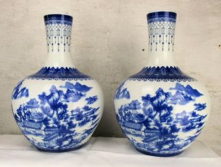 Pair Large Chinese Porcelain Republic Bowl Vases Blue And White 21.  3 "