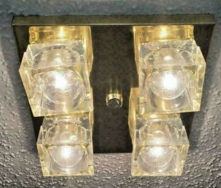Vintage Mid Century Modern Italian Sciolari Cube Flush Brass 4 Light Chandelier