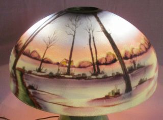 Vintage Reverse Painted Glass Table Lamp Shade Outdoor Trees Water 16 3/4 "