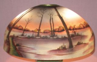 Vintage Reverse Painted Glass Table Lamp Shade Outdoor Trees Water 16 3/4 