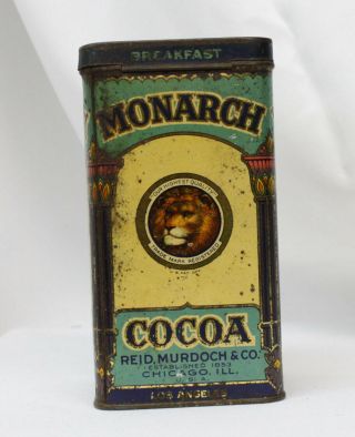 Vtg Monarch Cocoa Tin Reid Murdock Chicago Il Lion 16 Ounce Hinged Lid 6 " Tall
