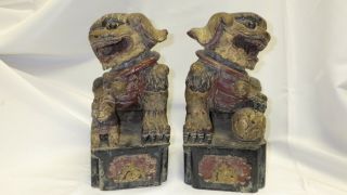 Pair Antique Chinese Foo Dogs Lions Hand Carved Wood With Stands - Red & Gold