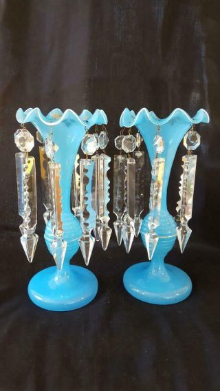 Antique Pair Mantle Lusters Blue Opaline Glass,  Gold Leaf Paint & Crystal Prisms