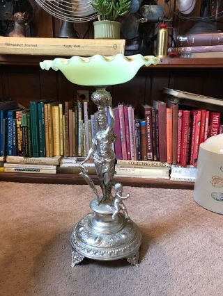 Antique Uranium Brides Bowl On Stand With Woman And Child - 23 Inches Tall