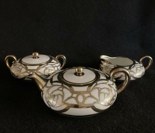Antique La Seynie Limoges Tea Set Teapot Creamer Sugar Silver Overlay 1905 Htf