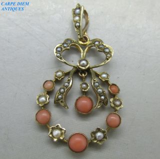 Antique Edwardian Seed Pearl And Coral Solid 9ct Gold Pendant C1905