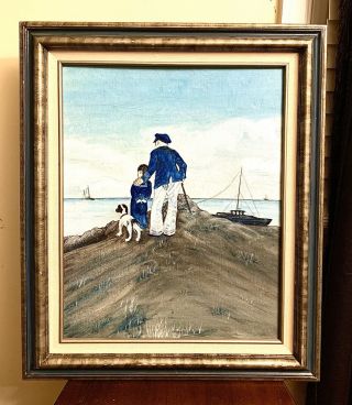 Vintage Oil Painting Framed Old Man,  The Sea,  Boy,  Dog,  Sailing Ships
