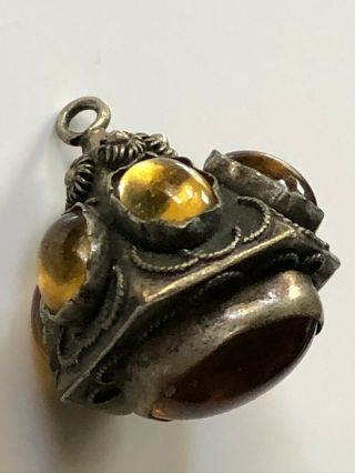 Vintage Etruscan Style Metal And Smooth Yellow Oval Glass Ornate Fob Pendant